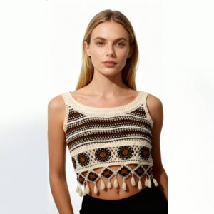 Patterned Crochet Crop Top with Tassel Hem