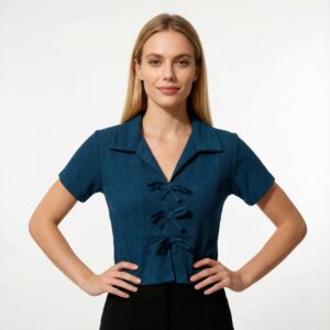 Teal Tie-Front Textured Crop Top