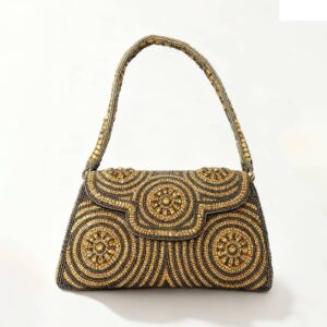 Black and Gold Beaded Shoulder Clutch for Women