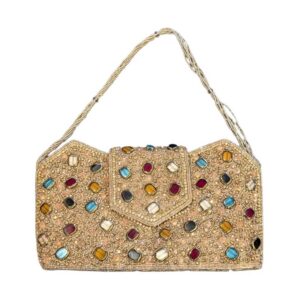 Golden Multicolor Stone-Embellished Clutch